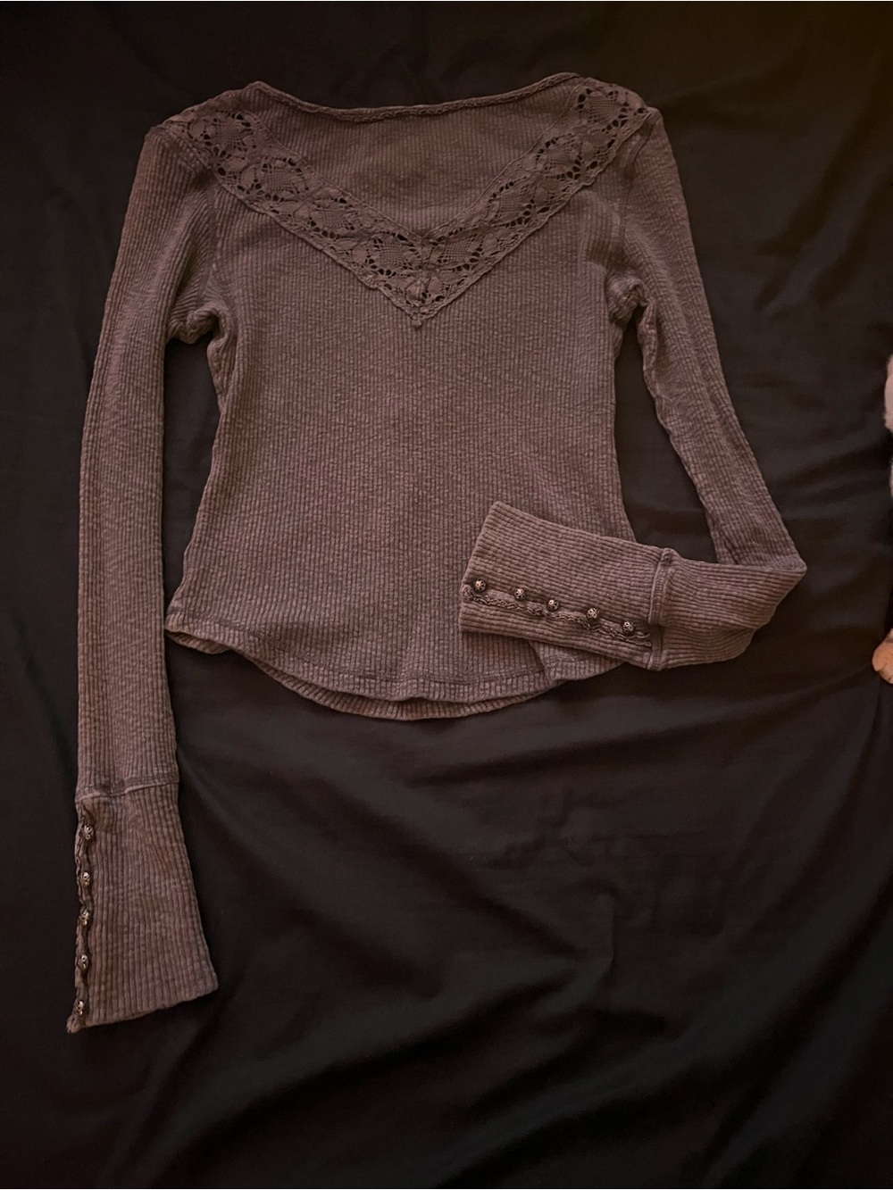 Free People Lace-Trim Ribbed Henley Long Sleeve Top - Grey - Picture 4 of 4